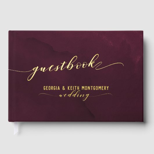 ブルゴーニュ水彩金ゴールドスクリプトエレガントな結婚式 ゲストブック (正面)