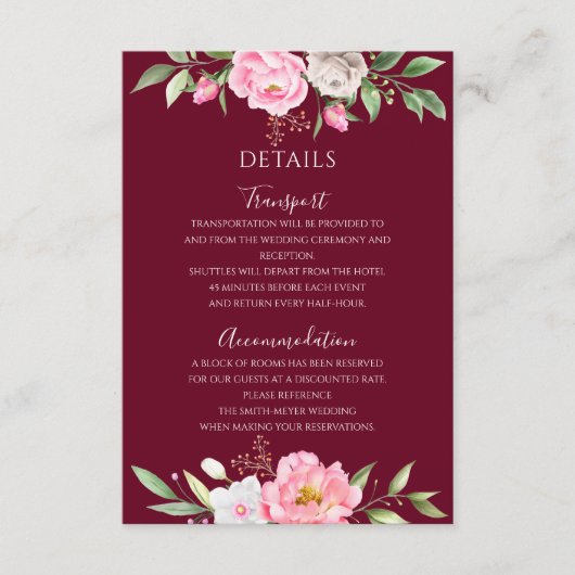 ブルゴーニュ水色フローラエレガントな結婚式詳細 エンクロージャーカード (正面)