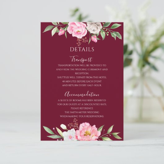 ブルゴーニュ水色フローラエレガントな結婚式詳細 エンクロージャーカード (スタンド正面)