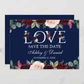 ブルゴーニュ水色フローララブブルー日付を保存 セーブザデート (正面/裏面)