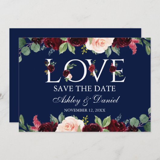 ブルゴーニュ水色フローララブブルー日付を保存 セーブザデート (正面/裏面)