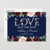 ブルゴーニュ水色フローララブブルー日付を保存 案内ポストカード (正面/裏面)