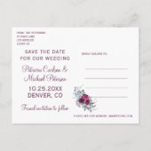 ブルゴーニュ水色フローラ救写真日付結婚の 案内ポストカード (裏面)