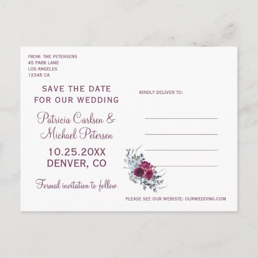 ブルゴーニュ水色フローラ救写真日付結婚の 案内ポストカード (裏面)