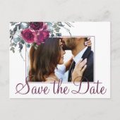 ブルゴーニュ水色フローラ救写真日付結婚の 案内ポストカード (正面)