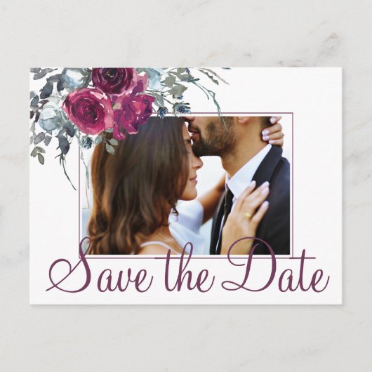 ブルゴーニュ水色フローラ救写真日付結婚の 案内ポストカード (正面)