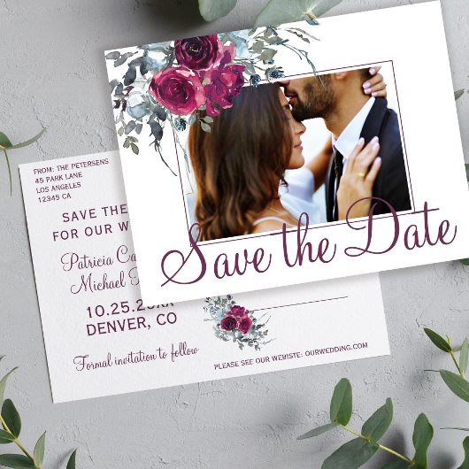 ブルゴーニュ水色フローラ救写真日付結婚の 案内ポストカード