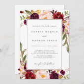 ブルゴーニュ水色フローラ結婚ズ 招待状 (正面/裏面)