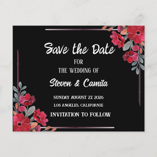 ブルゴーニュ水色フローラ結婚式の日付を保存 (正面)