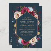 ブルゴーニュ海軍とピーチフローラ金ゴールドフレーム結婚ズ 招待状 (正面/裏面)