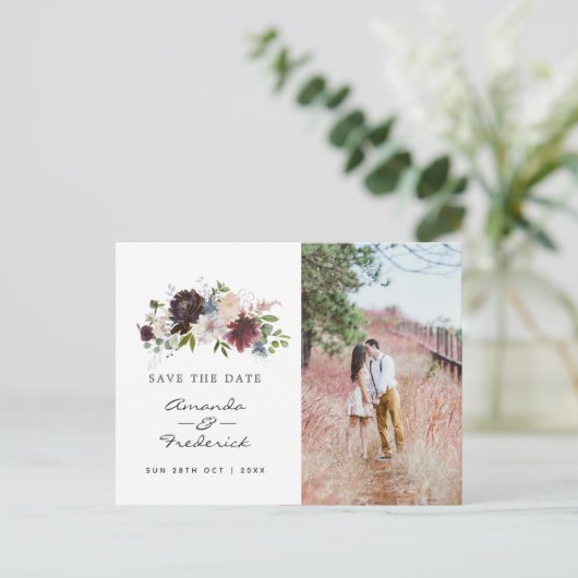 ブルゴーニュ海軍と赤面ピンクの結婚式の日付を保存 ポストカード (スタンド正面)