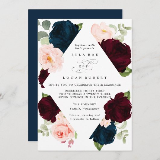 ブルゴーニュ海軍と赤面フローラ結婚式招待状 招待状 (正面/裏面)