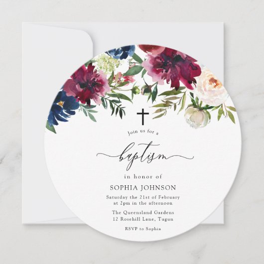 ブルゴーニュ海軍と赤面花ベビー写真バプテスマ 招待状 (正面)