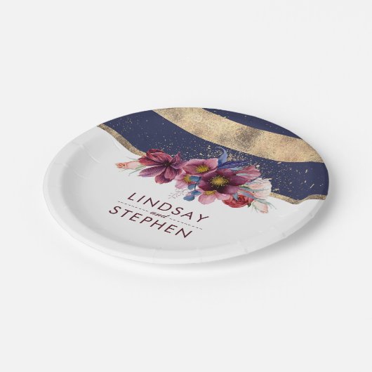 ブルゴーニュ海軍と金ゴールドストライプフローラ結婚ズ ペーパープレート (アングル)