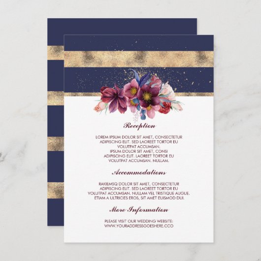 ブルゴーニュ海軍と金ゴールド結婚ズインフォメーションゲスト エンクロージャーカード (正面/裏面)