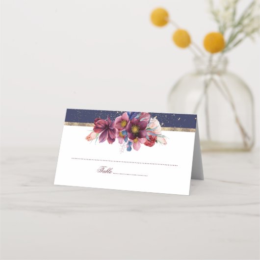 ブルゴーニュ海軍と金ゴールド結婚フローラ プレイスカード (正面)