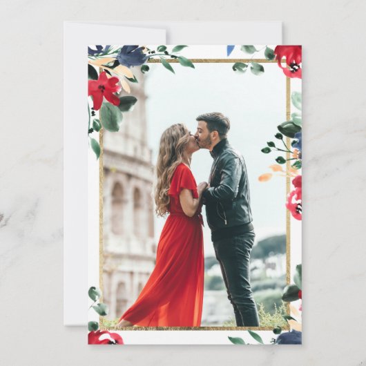 ブルゴーニュ海軍のフローラ金ゴールドスクリプト結婚の写真 招待状 (裏面)