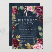 ブルゴーニュ海軍の水色フローラオールイヤー誕生日 招待状 (正面/裏面)