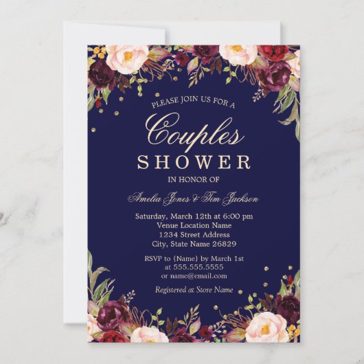 ブルゴーニュ海軍エレガントフローラカップルのシャワー 招待状 (正面)