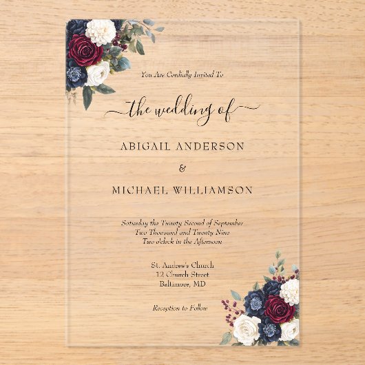 ブルゴーニュ海軍エレガントフローラフォーマルスクリプ結婚ト アクリル招待状 (正面)