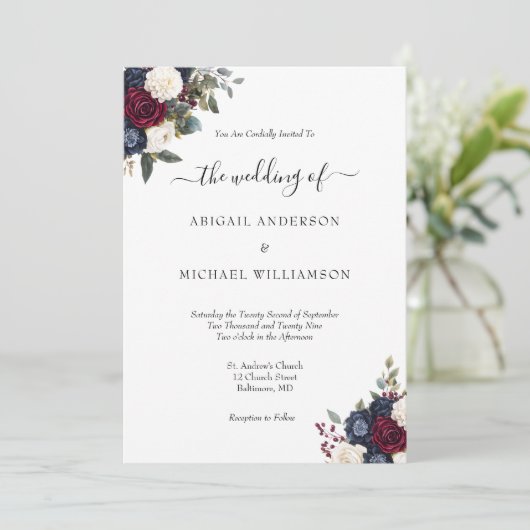 ブルゴーニュ海軍エレガントフローラフォーマルスクリプ結婚ト 招待状 (スタンド正面)