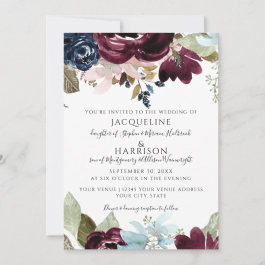 ブルゴーニュ海軍エレガントフローラ結婚秋 招待状 (正面)