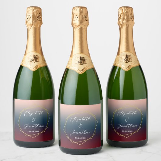 ブルゴーニュ海軍グラデーション赤面幾何結婚の スパークリングワインラベル (ボトル)