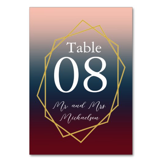 ブルゴーニュ海軍グラデーション赤面幾何結婚の テーブルナンバー (正面)