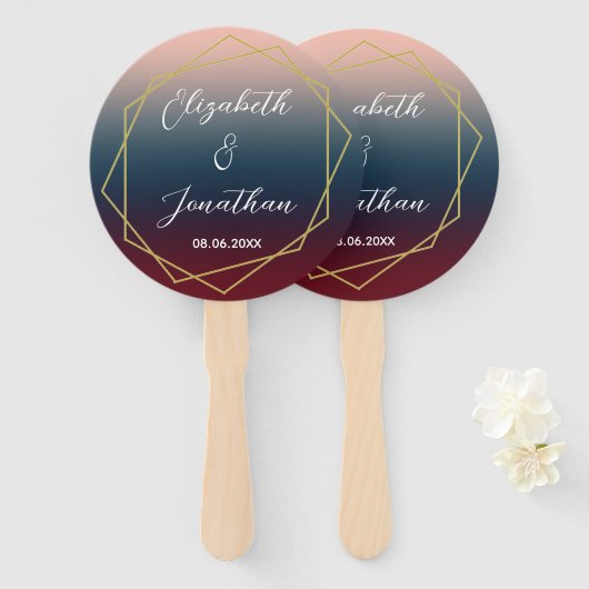 ブルゴーニュ海軍グラデーション赤面幾何結婚の ハンドファン (正面&裏面)