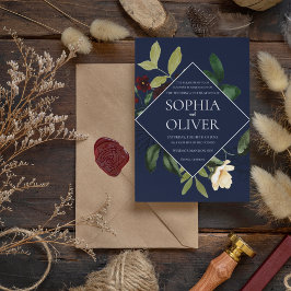 ブルゴーニュ海軍ジオメトリックフローラ結婚フレーム 招待状