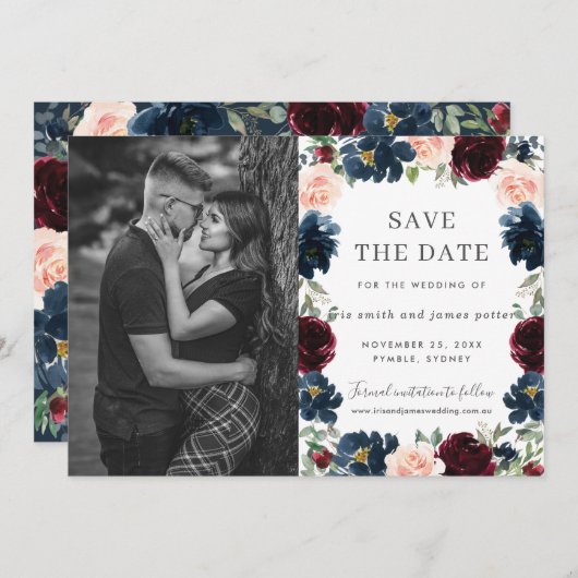 ブルゴーニュ海軍ピンクフローラ写真Save the Date Card 招待状 (正面/裏面)
