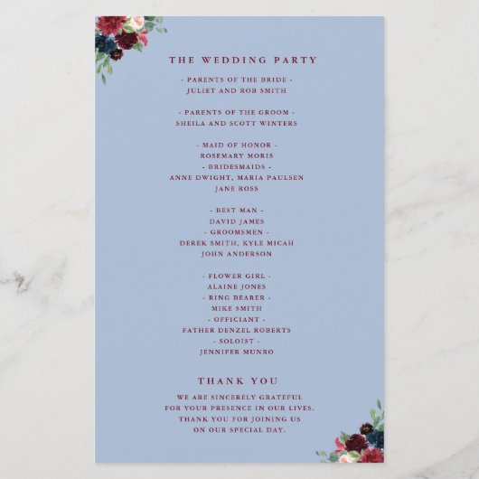 ブルゴーニュ海軍フローラほこりっぽいブルーウェディングプログラム (裏面)