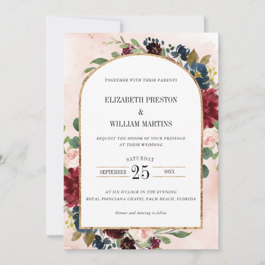 ブルゴーニュ海軍フローラアーチフレームQRコード結婚ズ 招待状 (正面)