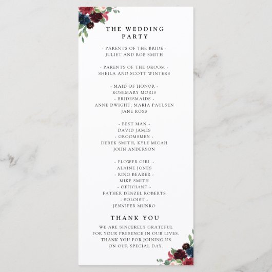 ブルゴーニュ海軍フローラガーランド結婚式プログラム プログラム (裏面)