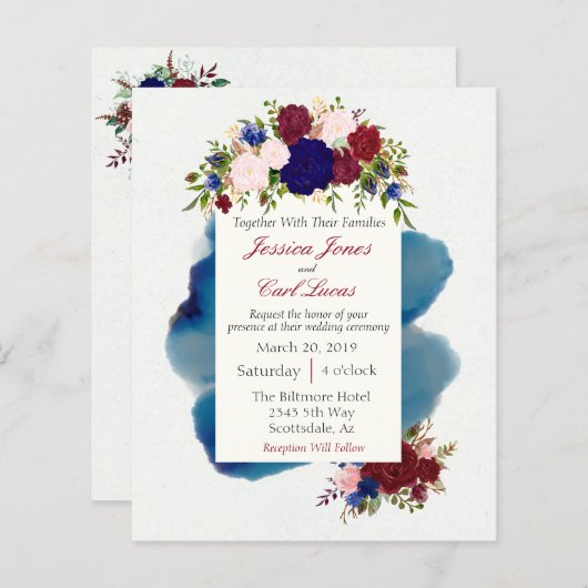 ブルゴーニュ海軍フローラ水彩結婚式招待状 (正面/裏面)