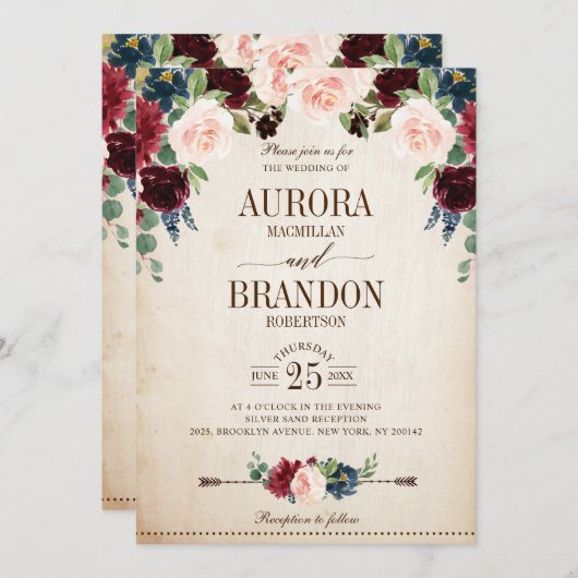 ブルゴーニュ海軍フローラ素朴カントリーウェディング 招待状 (正面/裏面)