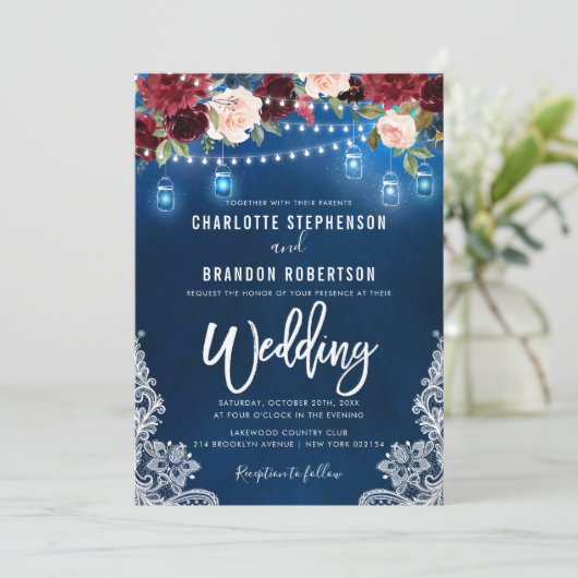 ブルゴーニュ海軍フローラ素朴ストリングライトメイスンジャー 招待状 (スタンド正面)