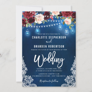 ブルゴーニュ海軍フローラ素朴ストリングライトメイスンジャー 招待状