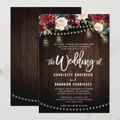 ブルゴーニュ海軍フローラ素朴ストリングライト結婚ズ 招待状 (正面/裏面)