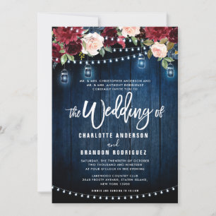 ブルゴーニュ海軍フローラ素朴ストリングライト結婚ズ 招待状