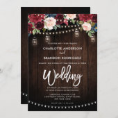 ブルゴーニュ海軍フローラ素朴ストリングライト結婚ズ 招待状 (正面/裏面)