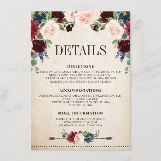 ブルゴーニュ海軍フローラ素朴ボホカントリーウェディング エンクロージャーカード (正面)