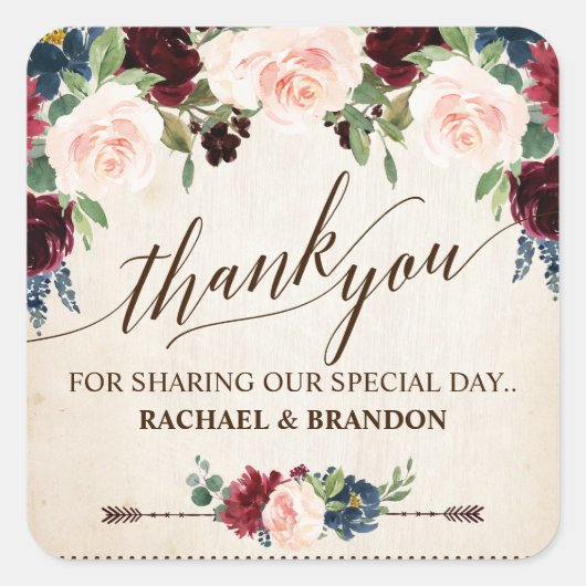 ブルゴーニュ海軍フローラ素朴ボホカントリーウェディング スクエアシール (正面)