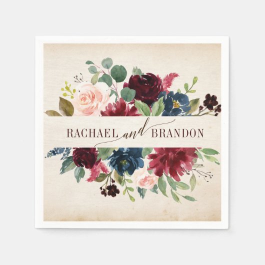 ブルゴーニュ海軍フローラ素朴ボホカントリーウェディング スタンダードカクテルナプキン (正面)