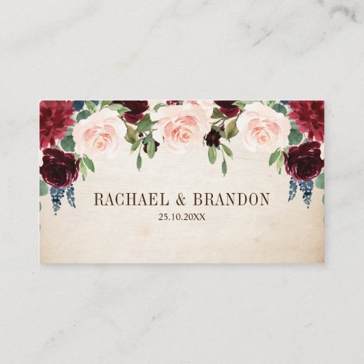 ブルゴーニュ海軍フローラ素朴ボホカントリーウェディング プレイスカード (裏面)