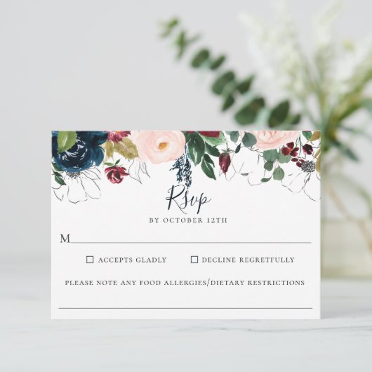 ブルゴーニュ海軍フローラ結婚の食物アレルギーRSVP 出欠カード (スタンド正面)