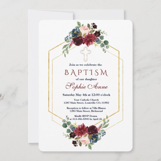 ブルゴーニュ海軍フローラ金ゴールド六角フレームバプテスマ 招待状 (正面)