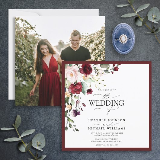 ブルゴーニュ海軍ブルーエレガントフローラ水彩写真 招待状