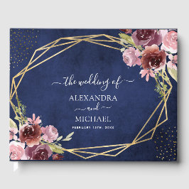 ブルゴーニュ海軍ブルージオメトリック結婚フローラ ゲストブック