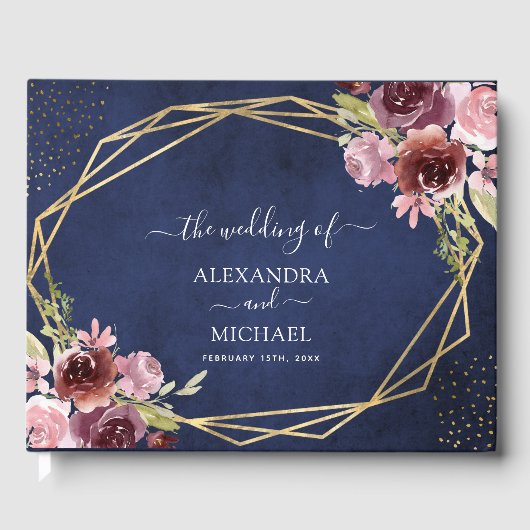 ブルゴーニュ海軍ブルージオメトリック結婚フローラ ゲストブック (正面)